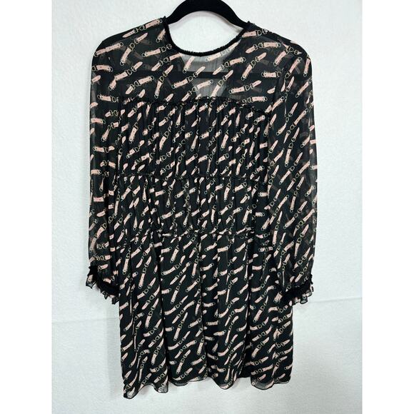 Zara Basic Sheer Black Long Sleeve Belt Print Babydoll Shift Mini Dress Size M - Picture 7 of 7